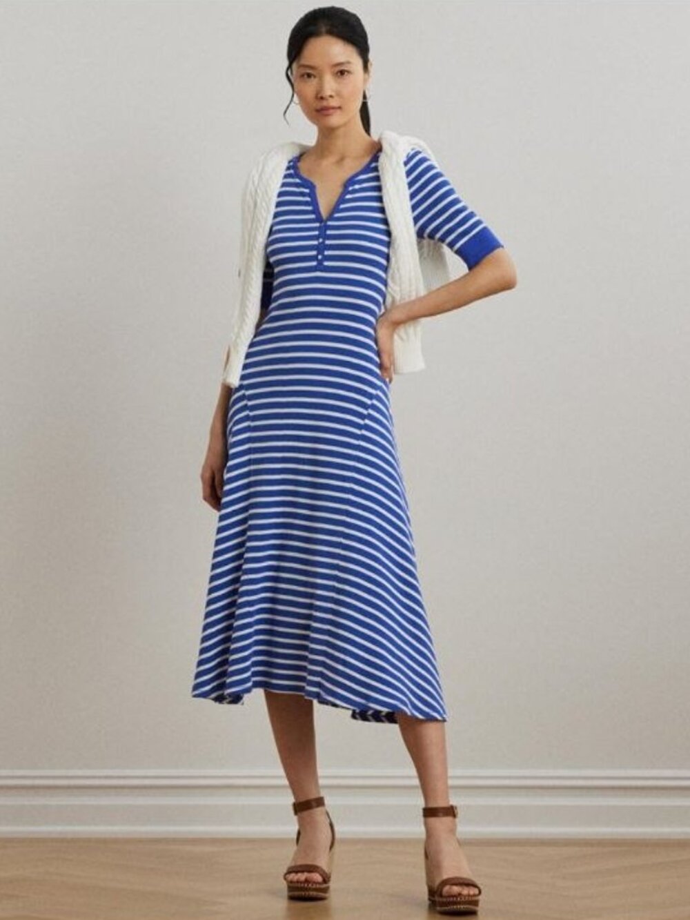 $289 Lauren Ralph Lauren Striped Waffle-Knit Cotton Henley Dress Size M